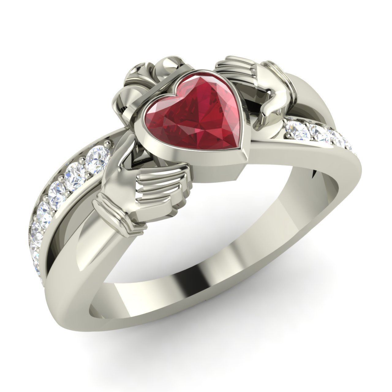 Lovely Heart Shape Red Ruby & CZ Diamond 14k White Gold Fn Engagement Ring