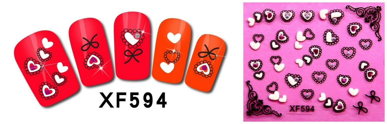 Nail Art 3D Stickers Stones Design Decoration Tips Heart White Black XF594