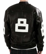 Mens 8 Eight Ball Logo Biker Varsity Letterman Bomber Black Leather Jacket - $120.00
