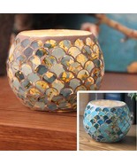 Mosaic Glass Round Candle Holder colorful table decor diamond floral cen... - $9.95