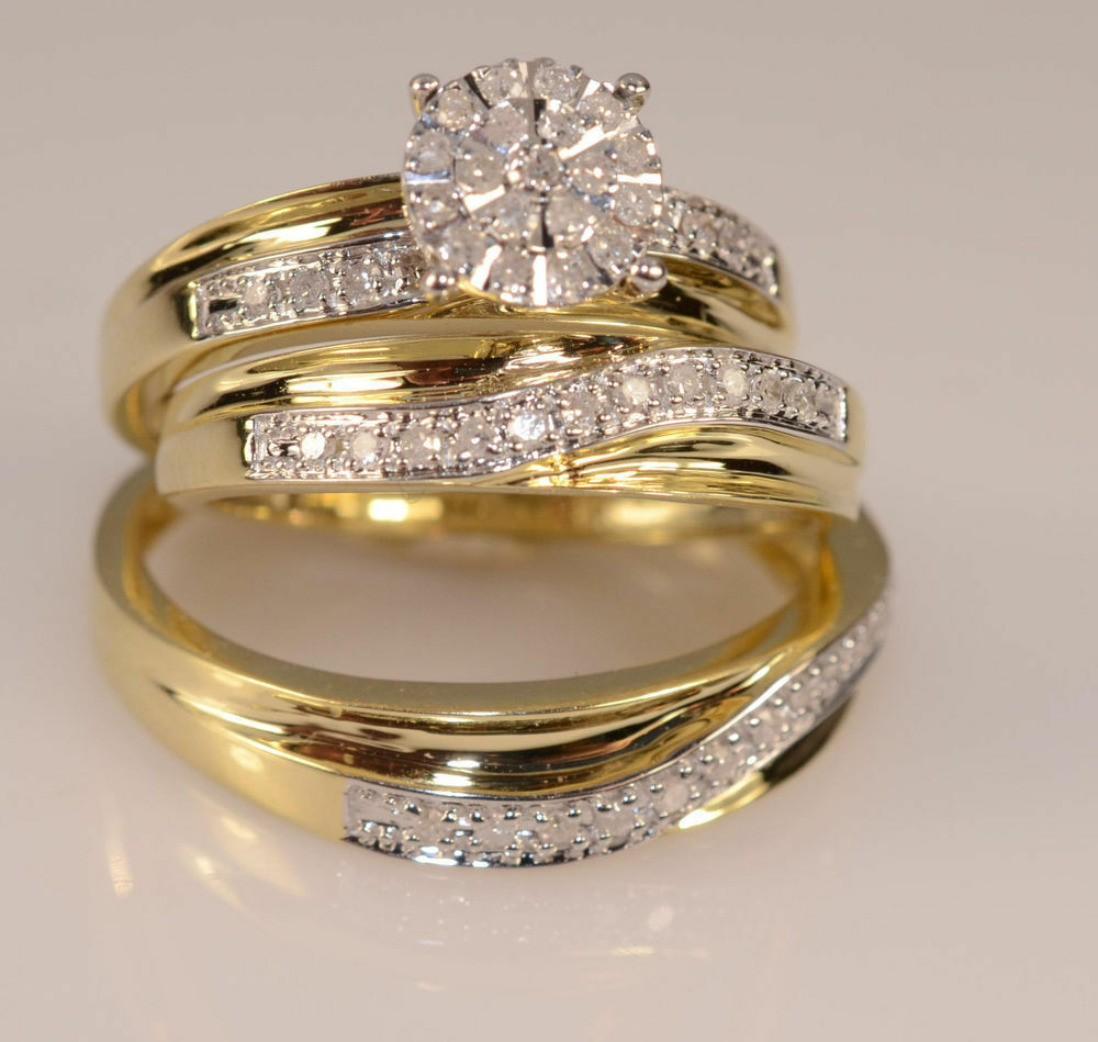 14k Yellow Gold Fn Trio Set His And Hers Diamond