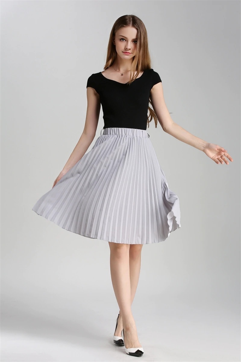 New Blush Pink Knee Length High Elastic Waist Pleated Women Skirt Spring Summer Skirts