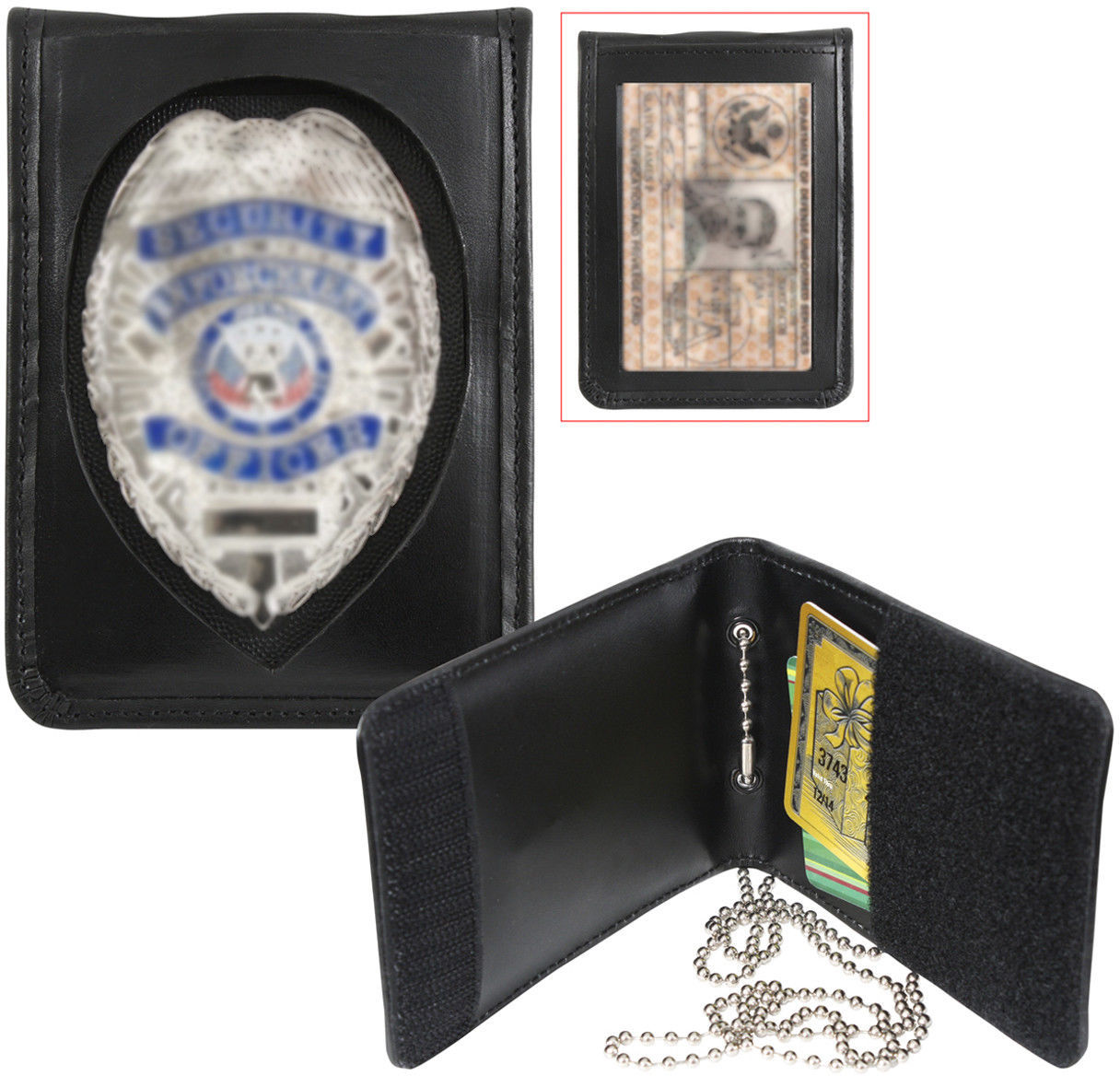 Black Leather ID Holder & Neck Chain Wallet Badge Case Law Enforcement