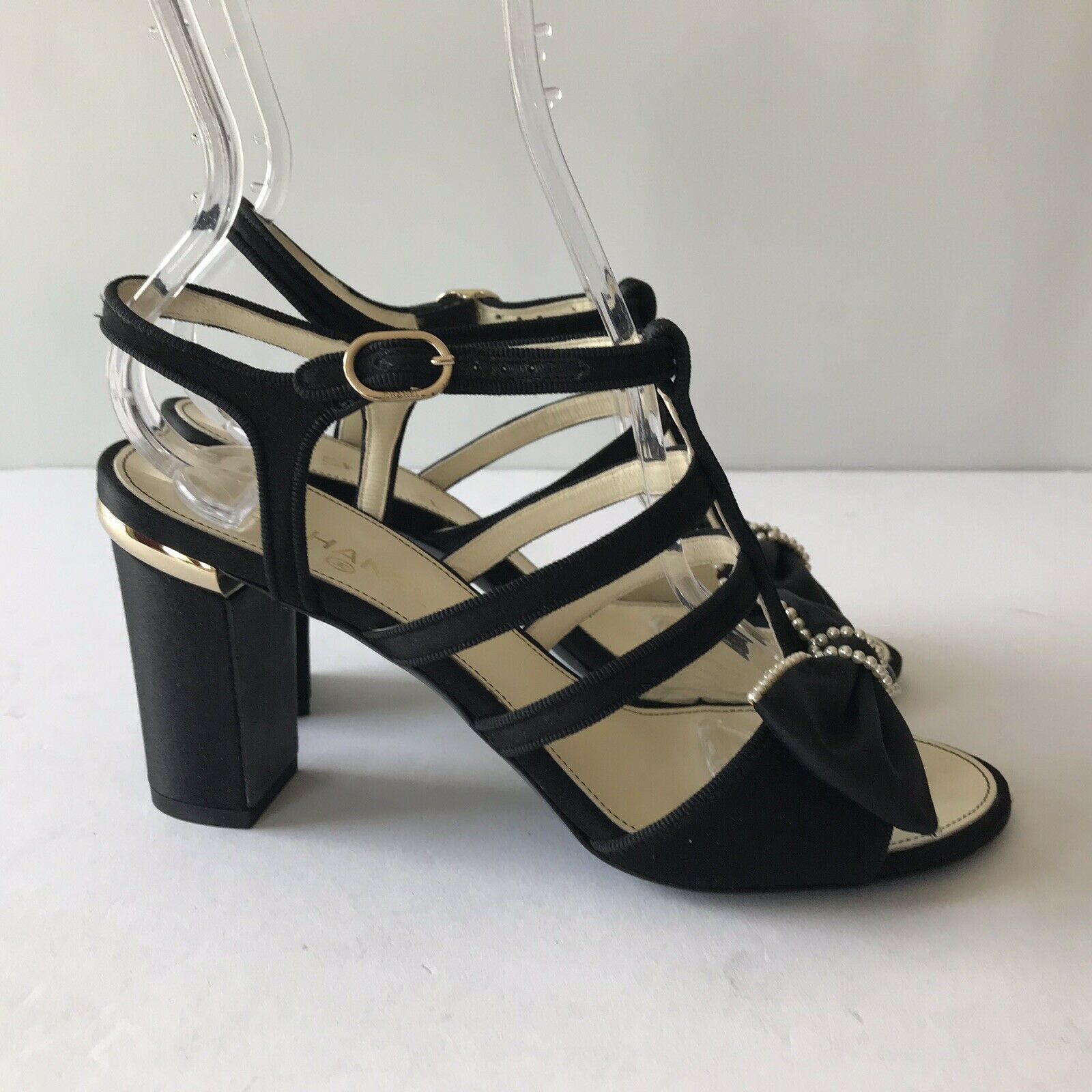 W-1915450 New Chanel Black Satin 3 Strap Block Heel Sandal Shoe Size 36 ...