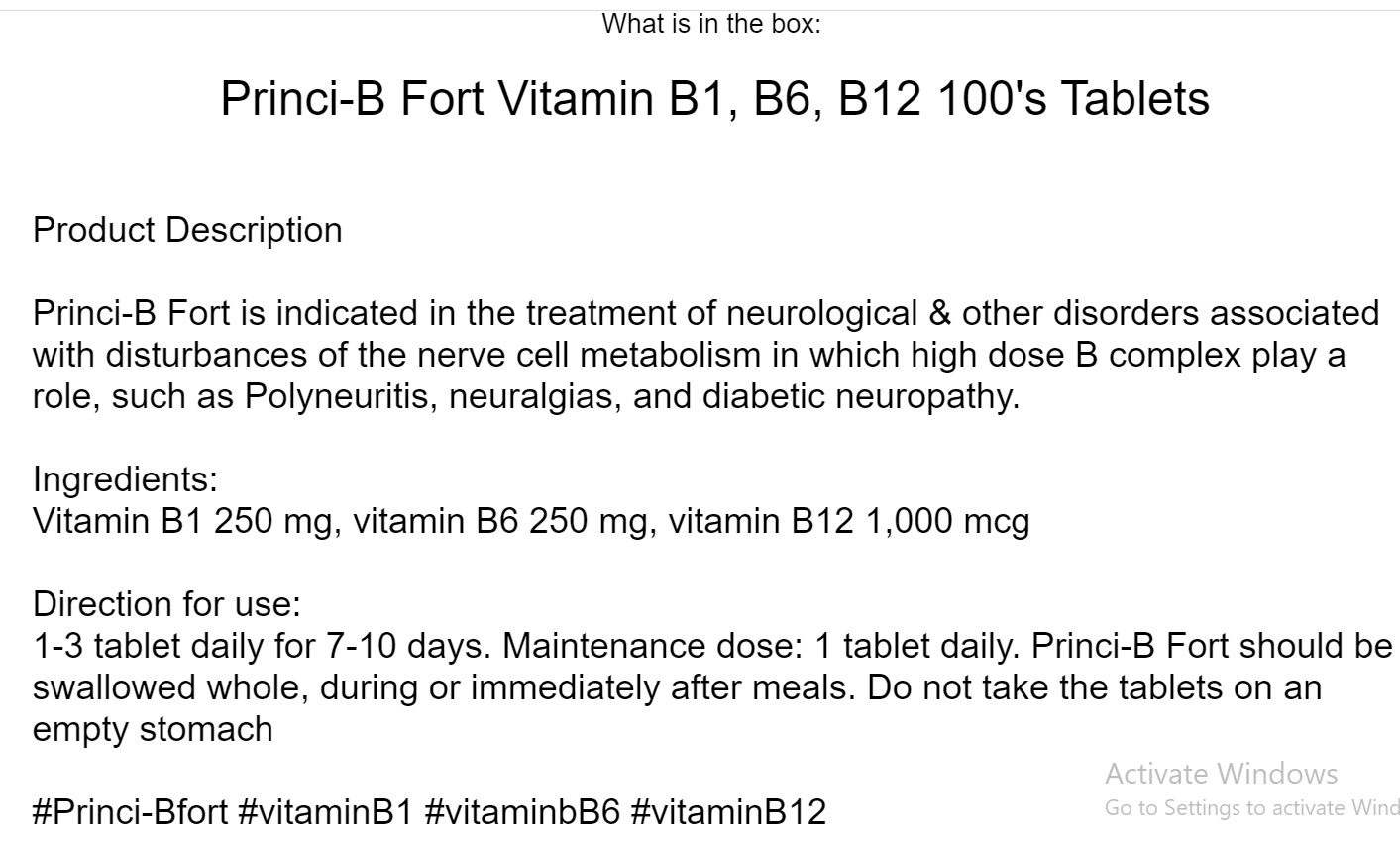 PrinciB Fort Vitamin B1, B6, B12 100's Tablets Health EXPRESS SHIPPING