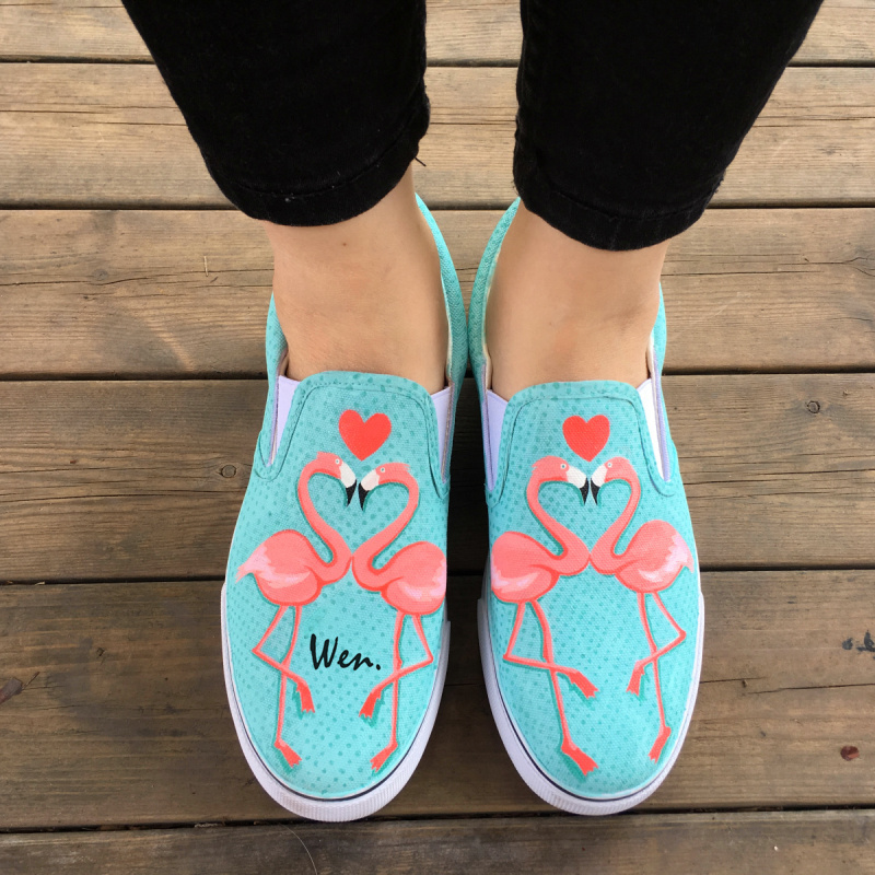 Wen Flamingo Loving Heart Design Women Men's Hand Painted Shoes Slip On Sneakers