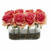 Luxury Dark Pink 5.5" Blooming Roses in Glass Vase Artificial Arrangement - 5.5" - $74.81
