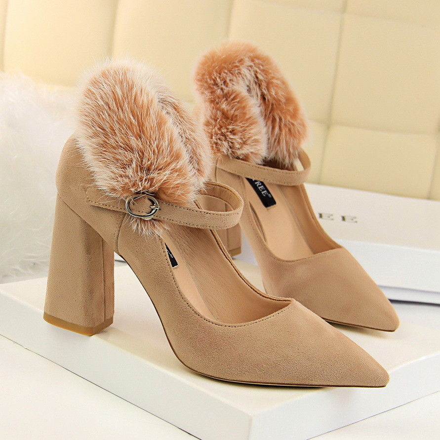 Rabbit Fur High Heels Shoes Party Wedding Women Pumps Heels Dress Shoes