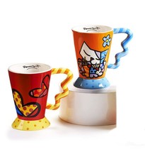 Romero Britto Icon Mug Set of 2 Cat & Hearts Funnel Shaped 14 oz #3340202 Rare