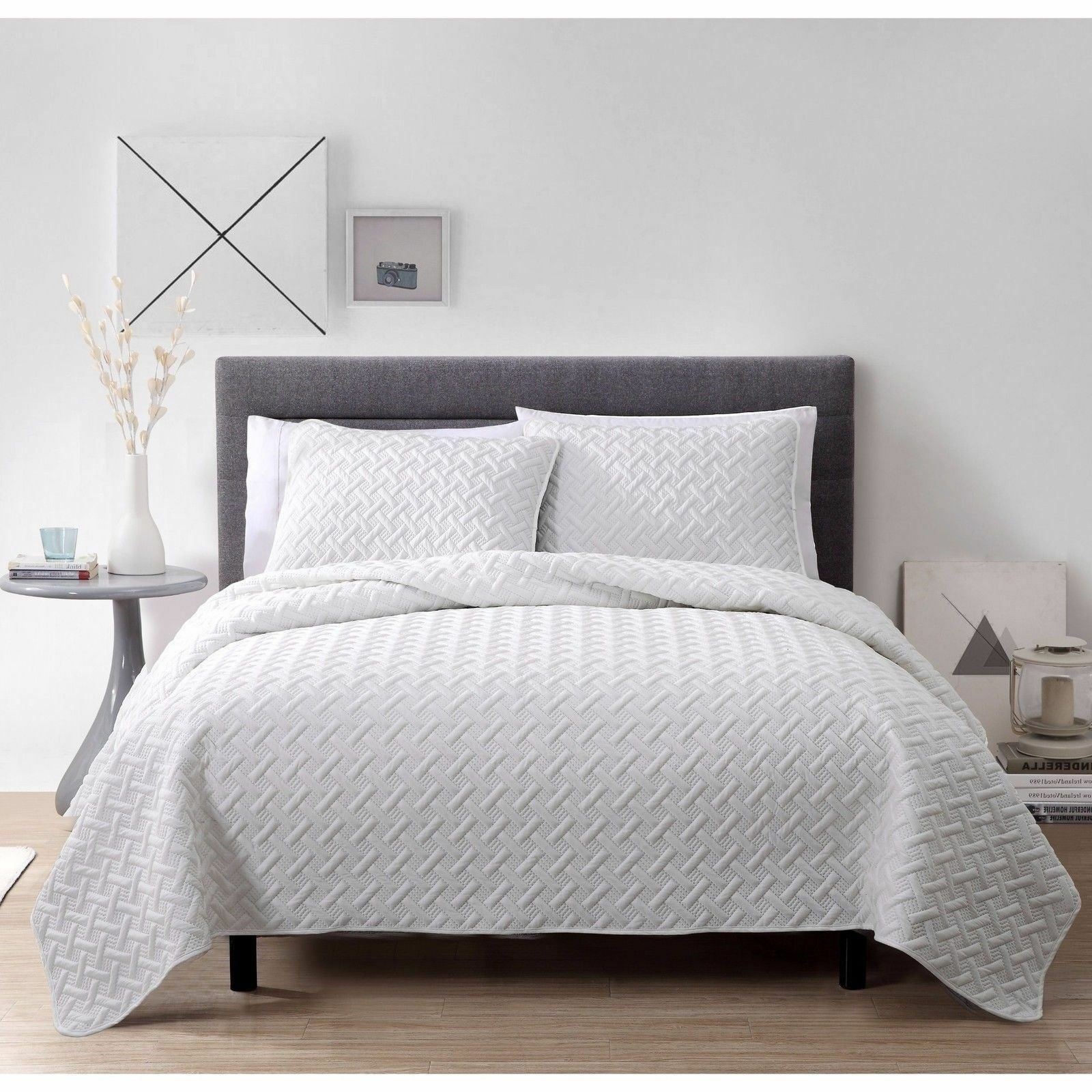 Twin Full Queen King Size Bed Solid White Geo 3 pc Quilt Set Coverlet ...