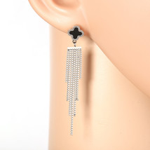 Silver Tone Drop Earrings with Jet Black Faux Onyx Clover and Tassels - $32.99