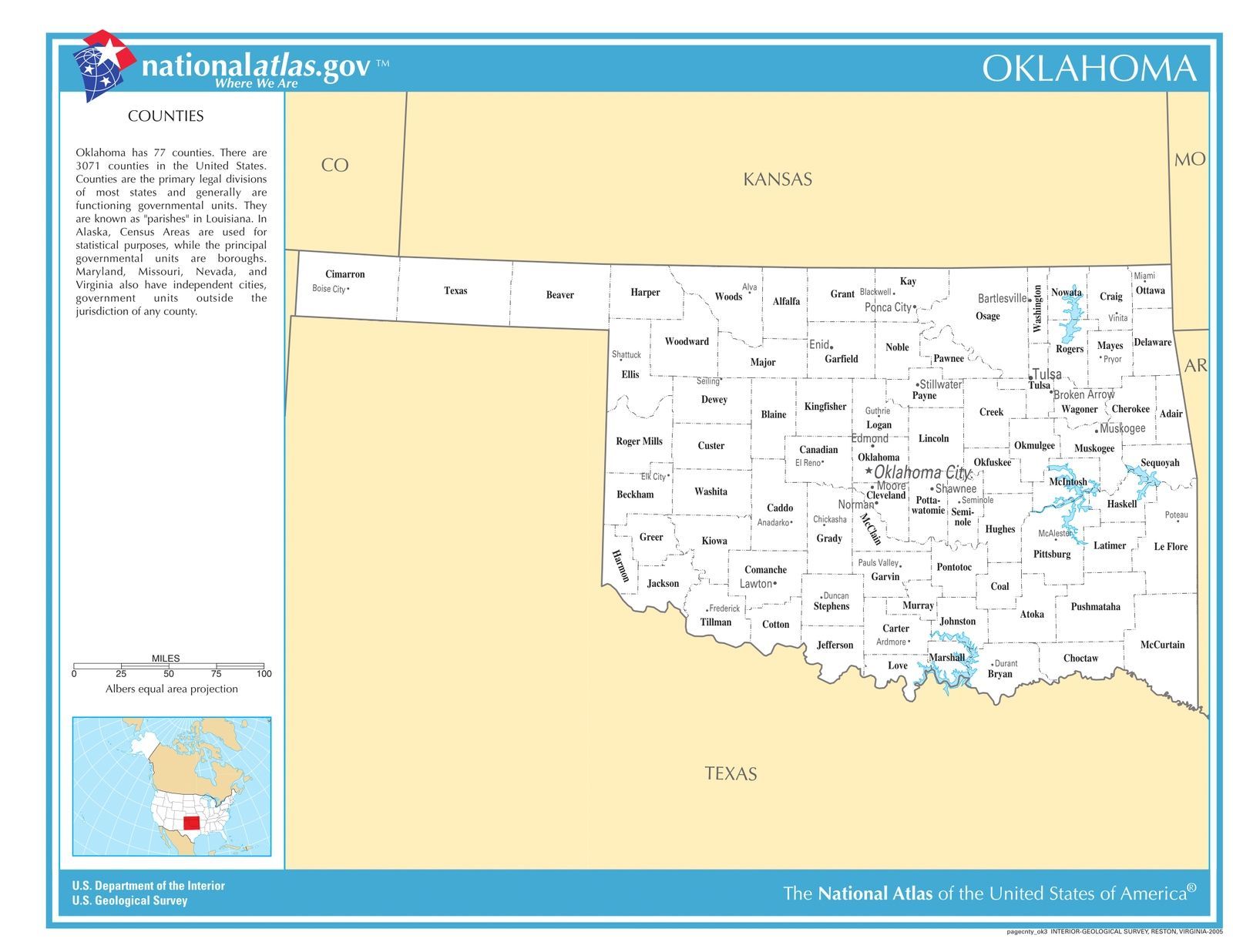 Oklahoma State Counties w/Cities Laminated Wall Map - US