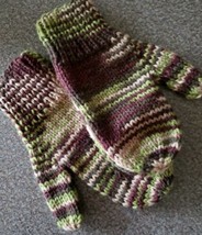 Home-made Womens&#39; Mittens ~ Brown/Green/Tan in Color ~ 9.5&quot; Long ~ 3&quot; Thumb - $12.00