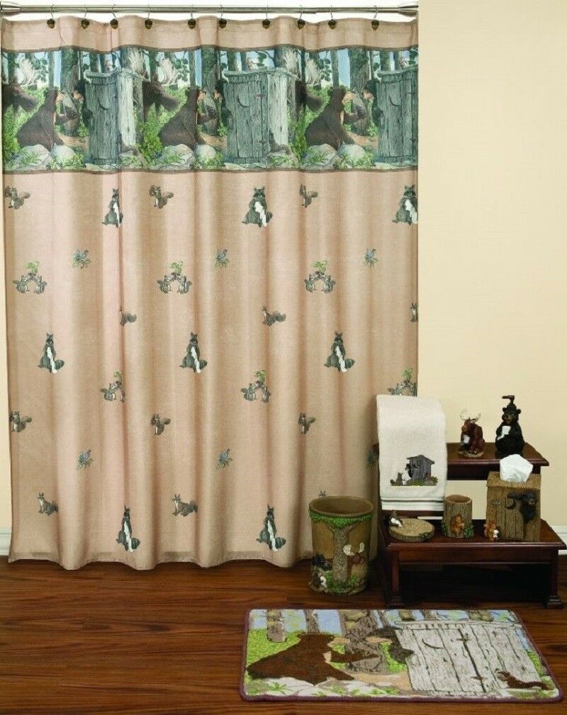 18Pc Set Gotta Go Outhouse Bear Moose Shower Curtain Bathroom Bath