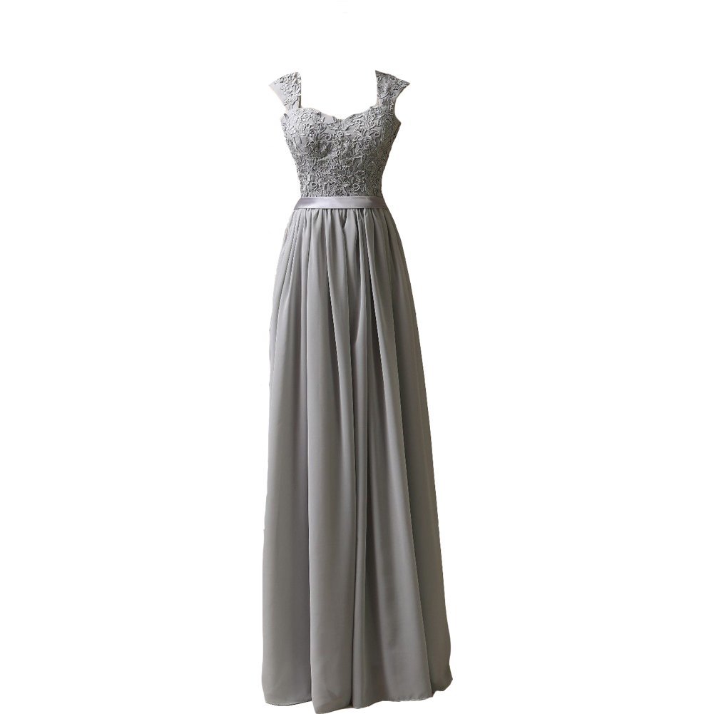 Kivary Women's Chiffon A Line Grey Long Cap Sleeves Sash Lace Prom Evening Dress