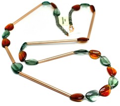 ROSE NECKLACE AMBER GREEN ROUNDED DROPS OF MURANO GLASS TUBE ALTERNATE 40" LONG image 2