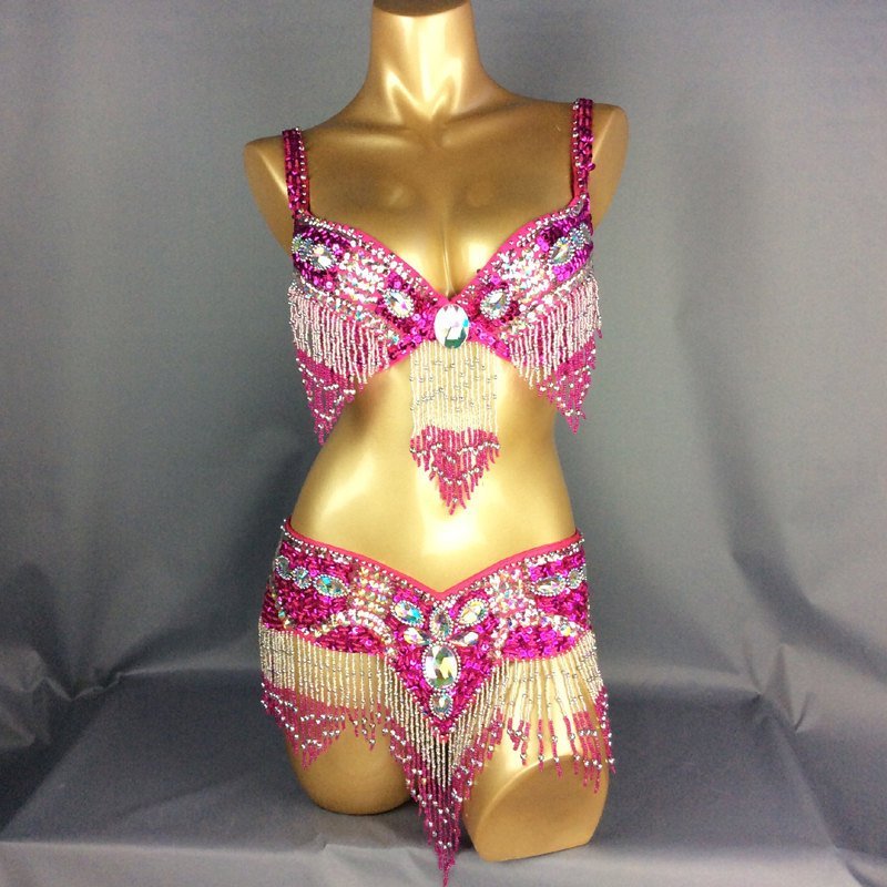 FREE SHIPPING Hand Beaded Belly Dance Samba Costume hot pink color bra belt 2pcs