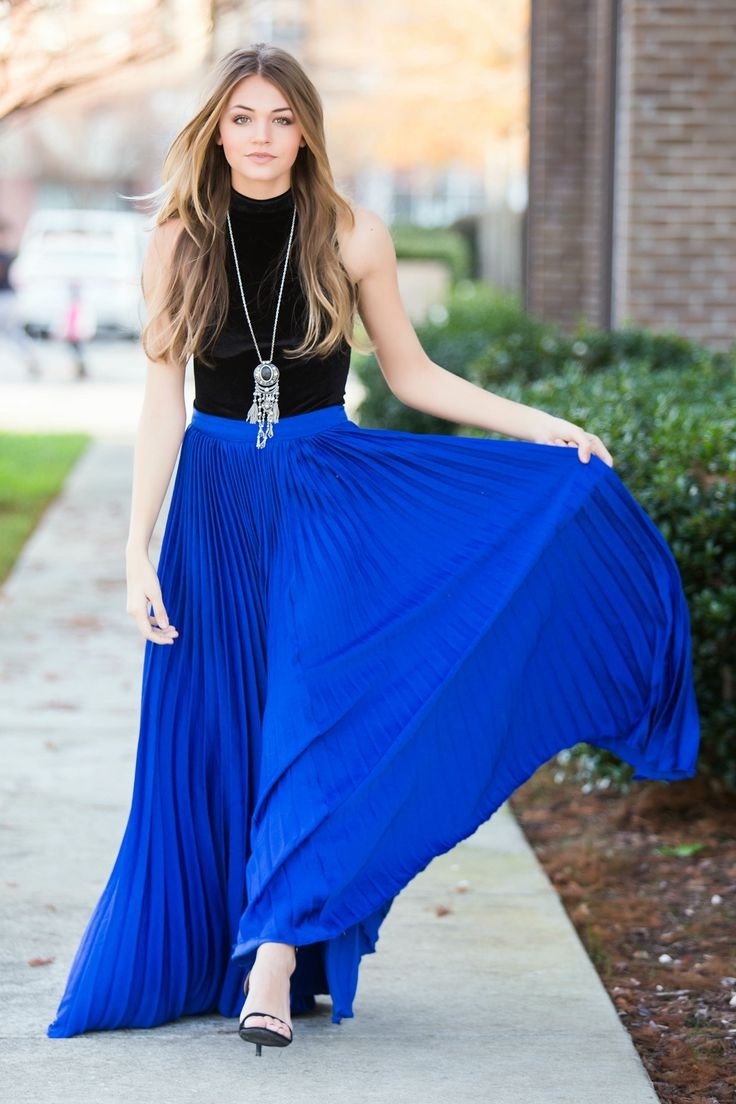 New royal blue pleated elastic waist long women skirt maxi length