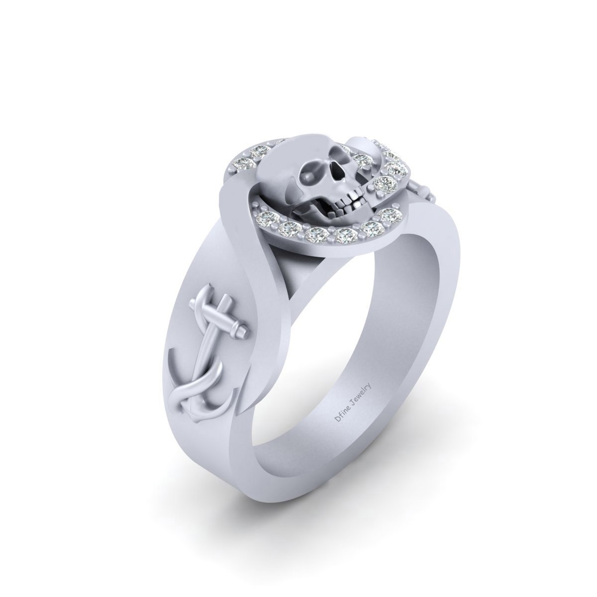 Created White Diamond Skull Anchor Wedding Ring Band Unisex Gothic Skull Ring