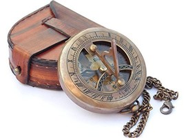 NauticalMart Brass Sundial Compass With Leather Case And Chain Push Button