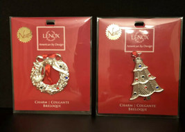 LENOX Christmas TREE and WREATH Charms Silver Plated Ornament Red Ribbon. Lot 2 - $19.34