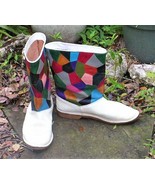 Patchwork Leather Boots, Rainbow Colors on White, Vintage 80s - $110.00