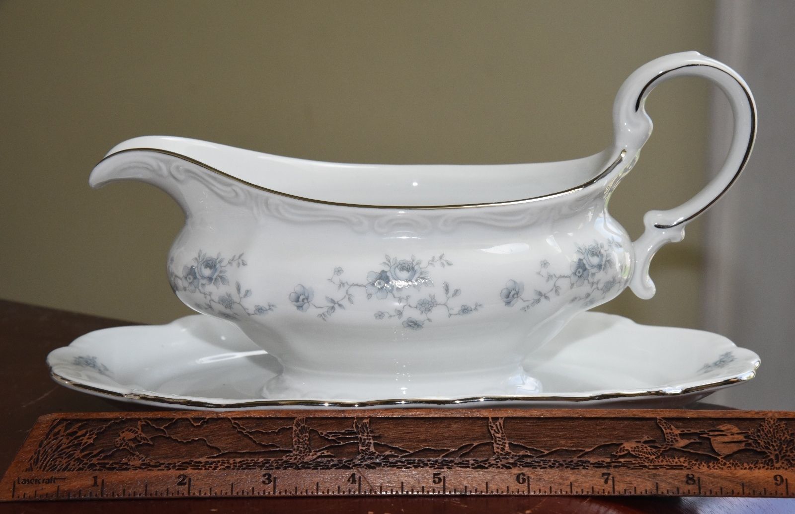 JOHANN HAVILAND BAVARIA GERMANY GRAVY BOAT SILVER BLUE FLOWER ATTACHED