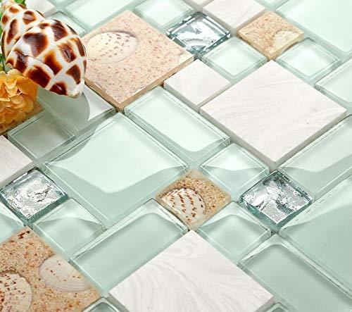 Beach Style Backsplash Lake Green Glass Mixed Stone Mosaic Wall Tile Set of 5