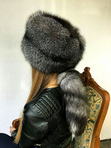 Blue Frost Fox Fur Hat Full Pillbox Hat Natural Colors Saga Furs Detachable Tail image 2
