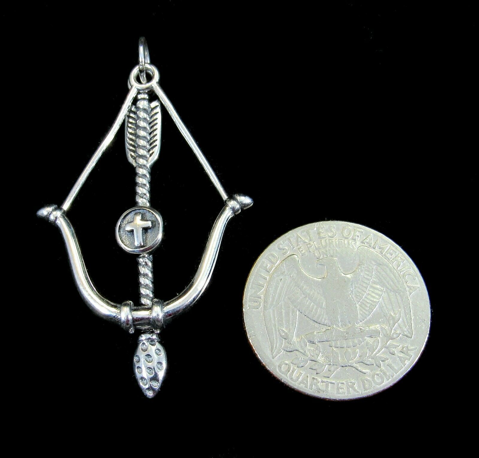 Handcrafted Solid 925 Sterling Silver 3D Bow and Arrow Archery Pendant