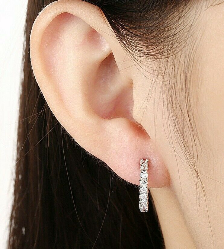 Ladies 14ct 9ct White Gold GF Lab Crystal 15mm Small Hoop Huggies Earrings