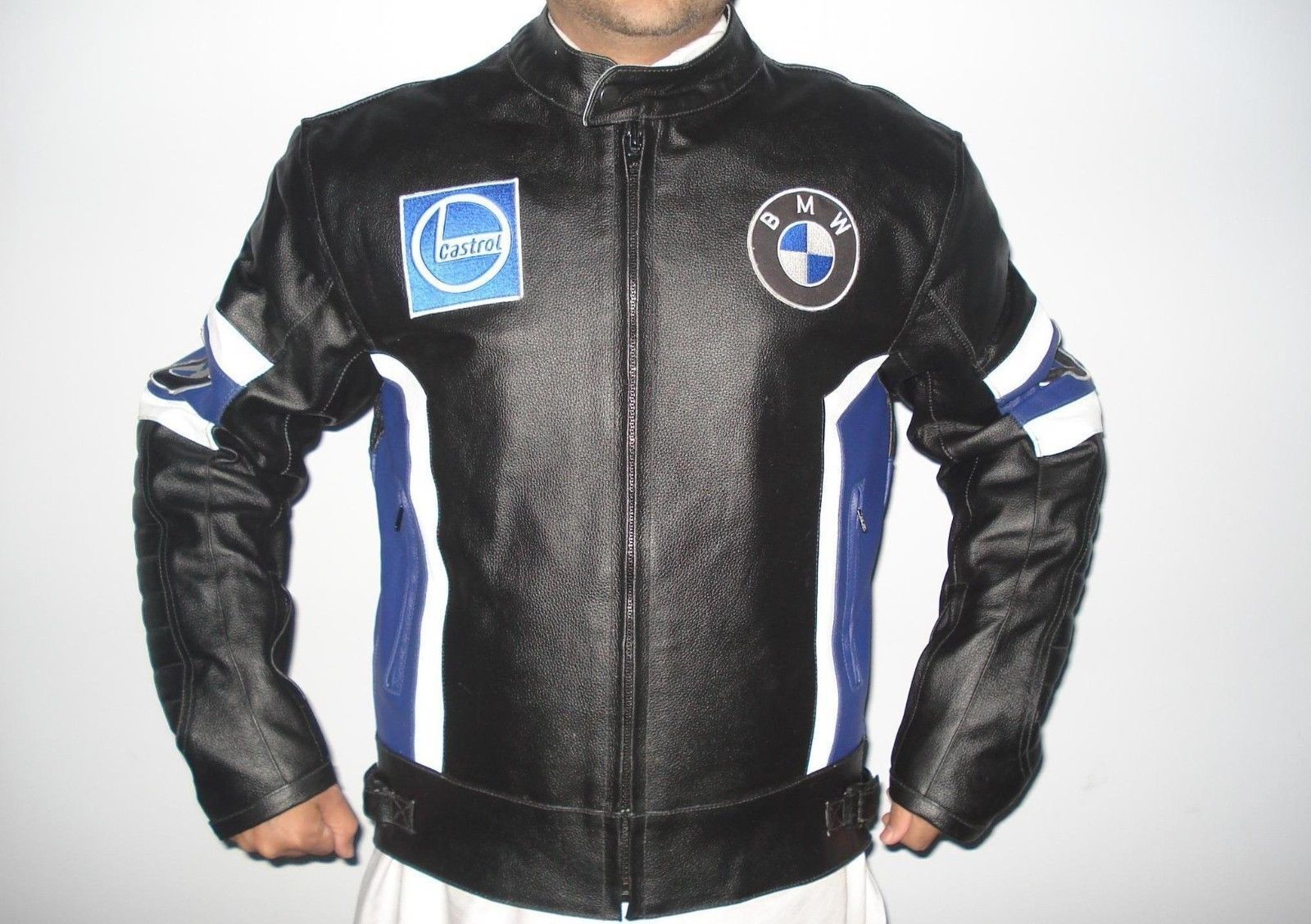 White Blue Contrast BMW Black Motorcycle Leather Jacket Protection Saftey Hump - Outerwear