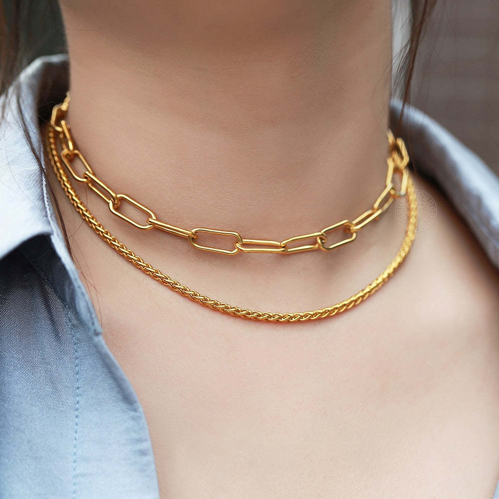 Fashion Minimalis Multi Layered Choker Necklace for Women Girls Wheat Chain Gold