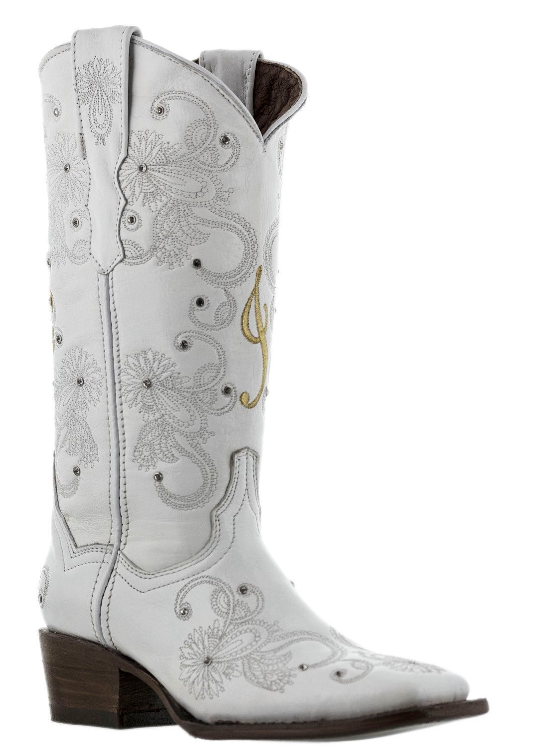 Womens White Gold Western Wedding Bride Rhinestone Leather Cowboy Boots ...