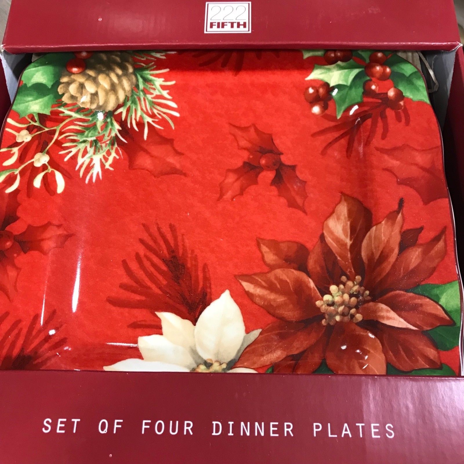 222 FIFTH Poinsettia Holly Pinecones Christmas Dinner Plates Set 8 NEW