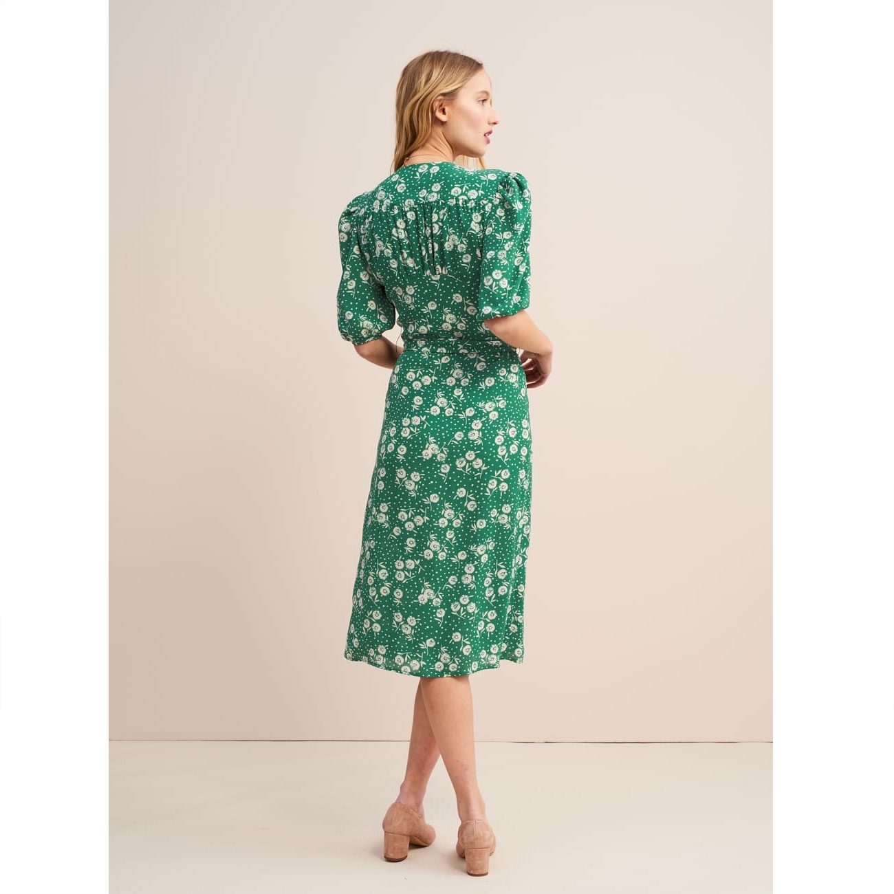 Rouje Green Robe ROSALIE Flower Printed Wrap Midi Dress Tea Dress Dresses