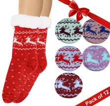 Women's Reindeer Sherpa Lined Non-Slip Winter Weight Slipper Socks Pack of 12