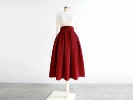  Winter WINE RED Pleated Skirt Woolen Midi Pleated Holiday Skirt Plus Size  image 4