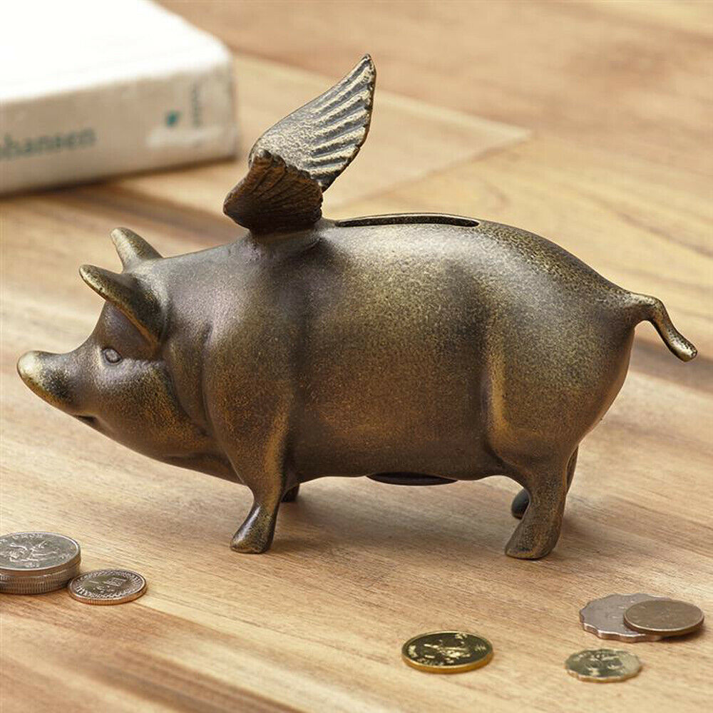 Rustic Whimsical Decorative Flying Pig Money Coin Piggy Bank Aluminum Figurine