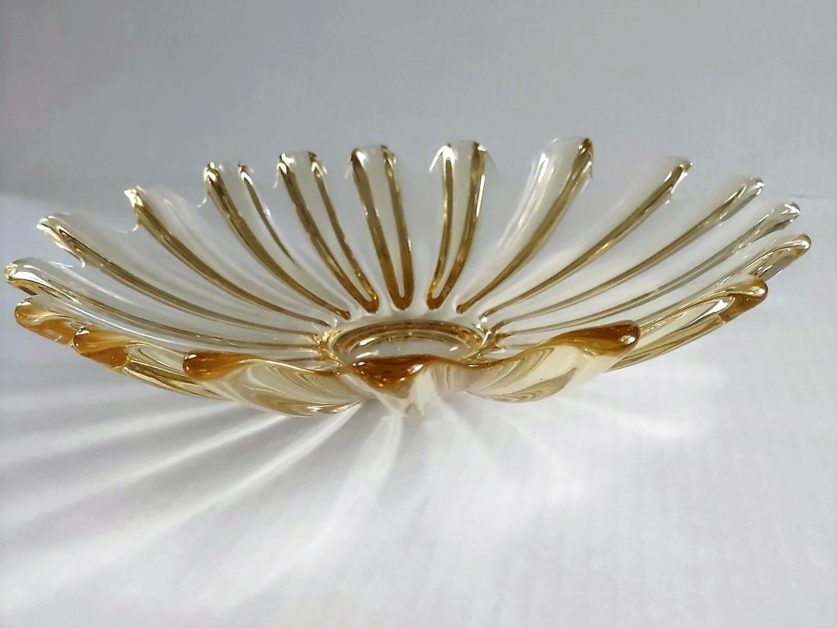 Vintage Amber Glass Bowl with Fluted Edge Unknown Maker