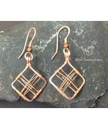 Handmade copper earrings: square diamond frame cross wire wrapped - $28.00