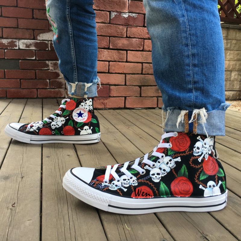 Floral Roses Skulls Design Men Women's Converse All Star Hand Painted Shoes