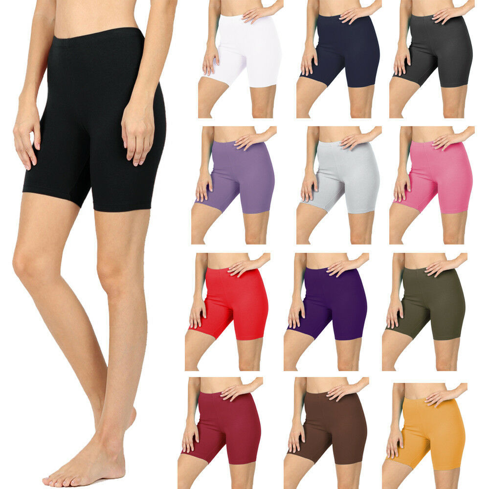 Womens Cotton Spandex Solid Biker Shorts Yoga Mid Thigh Bermuda