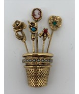 Vintage Signed Jeanne THIMBLE STICK PINS Brooch Pin Gold-Tone - $42.70