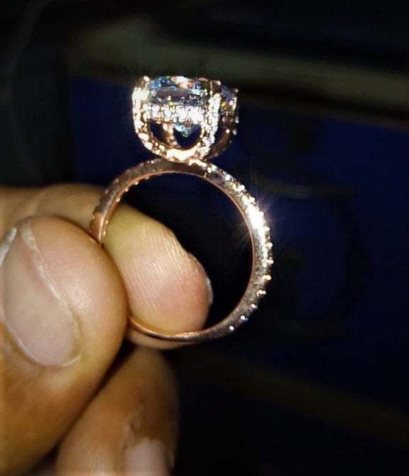 Hidden Halo Cushion Cut Prong Setting Wedding Silver Ring,Simulated