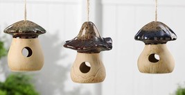Mushroom Bird House Set of 3 Toadstool Ceramic Hanging Rustic Tan Brown Finish