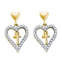14kt Yellow Gold Womens Round Diamond Heart Cross Dangle Earrings 1/3 Cttw - $449.00