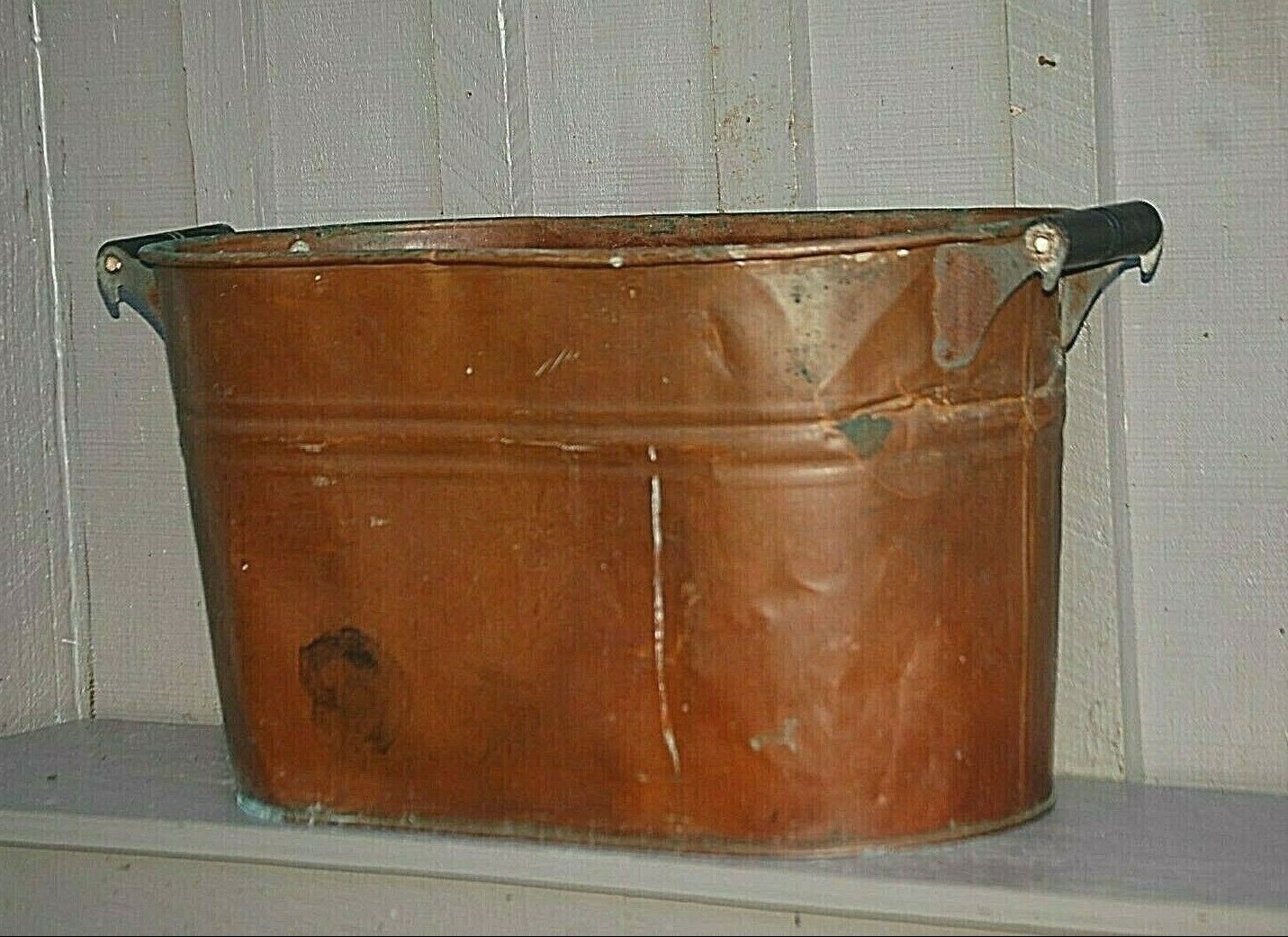 Antique Vintage Copper Boiler Wash Tub w Wood Handles Primitive Country