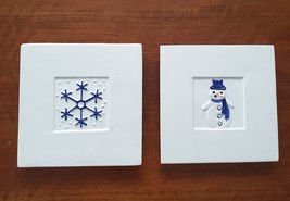 Crate and Barrel Snowflake Snowman Trivets, set of 2, Blue White Ceramic Tile 8"