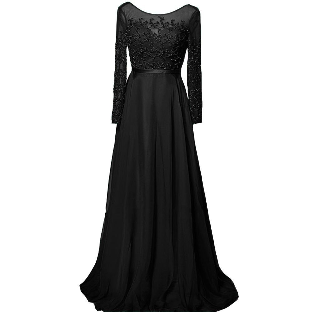 Kivary Sheer Long Sleeves A Line Plus Size Prom Dresses Beaded Evening Gowns Bla